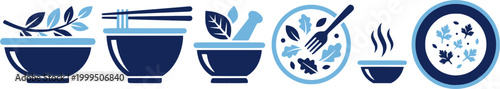 Set of contemporary icons illustrating a leafy plant sprig in a simple bowl, ideal for culinary themes, wellness applications, or natural product branding.