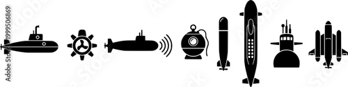 Collection of simple black submarine icons for underwater exploration and military web graphic applications
