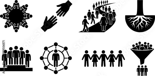 Pictogram collection illustrating concepts of community gathering, helping hands, group journey, strong foundation, and leadership success, ideal for business presentations and social issues