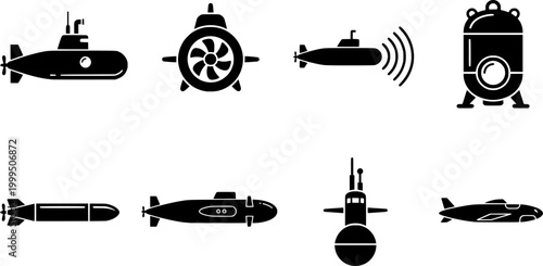 Collection of simple black submarine icons for underwater exploration and military web graphic applications
