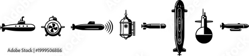Collection of simple black submarine icons for underwater exploration and military web graphic applications
