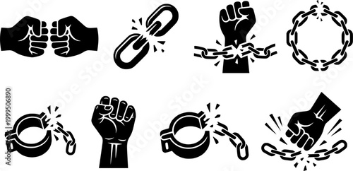 Powerful fists breaking a circular metal chain symbolizing freedom and strength, suitable for protest, liberation, or overcoming challenge themes and motivational content