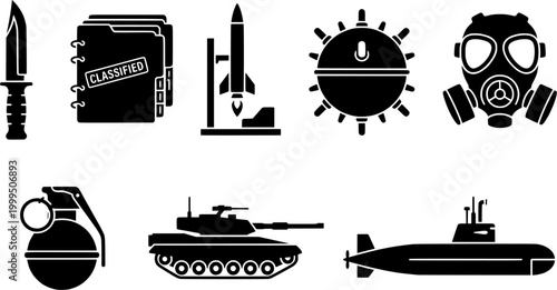 A collection of essential military and defense icons including a tactical knife, ammo box, missile system, naval mine, and gas mask, ideal for security related projects and warfare themed
