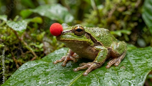 Green tree frog with a small red ball on its nose sitting on a leaf