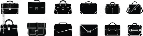 Collection of black handbags and purses in a grid arrangement
