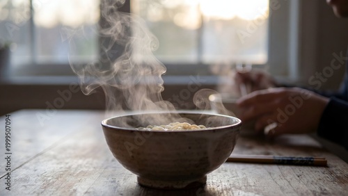 Hot steaming bowl of ramen noodles served on a wooden table at home