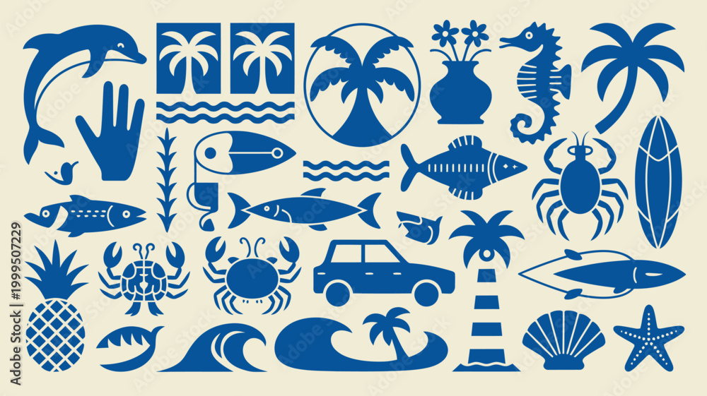 Fototapeta premium A collection of marine life tropical elements and beach themed illustrations