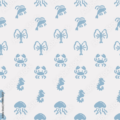 Seamless vector pattern with hand-drawn nautical elements, sea life pattern