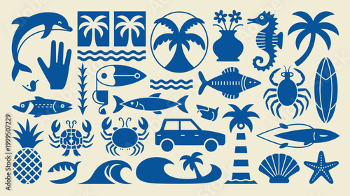 A collection of marine life tropical elements and beach themed illustrations