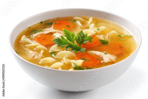 Minimalist chicken noodle soup on white