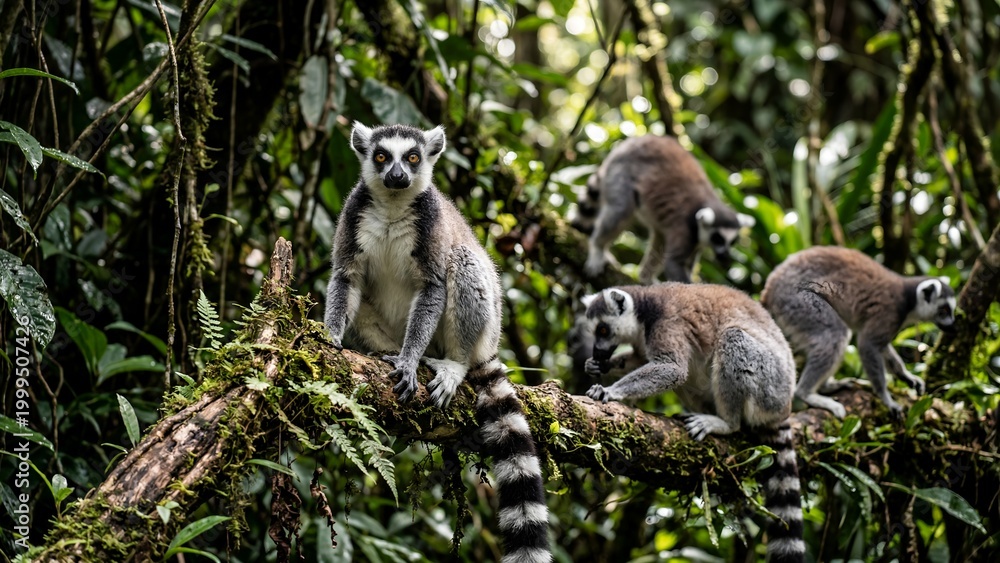 Fototapeta premium Ring-tailed lemurs resting on a mossy tree branch in a lush green forest