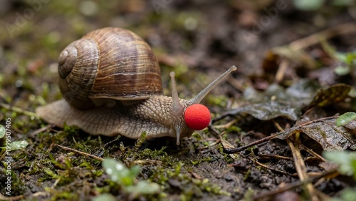 Roman snail with a small red sphere on its face crawling on wet moss