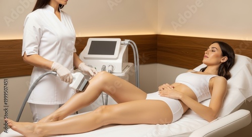 Woman receiving laser hair removal treatment on her leg from a technician in a medical setting with a machine