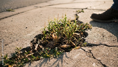 Small corn plants growing through a crack in a concrete urban sidewalk
