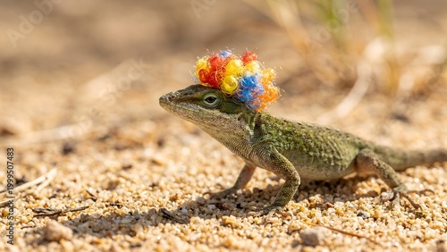 Small green lizard wearing a colorful clown wig standing on sandy ground
