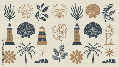 Coastal elements and botanical illustrations in a minimalist muted color palette