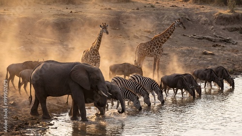 Wild animals gathering to drink water at a river in the african savanna