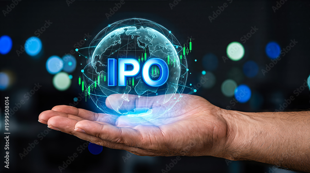 Fototapeta premium Hand holding a glowing globe with the acronym IPO and financial growth indicators, representing global asset growth and investment opportunities in a digital environment
