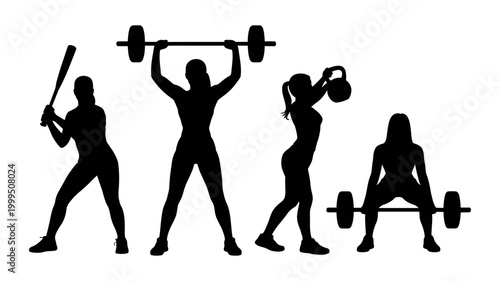 Silhouettes of women exercising with weights and baseball bat cool down exercise silhouette training