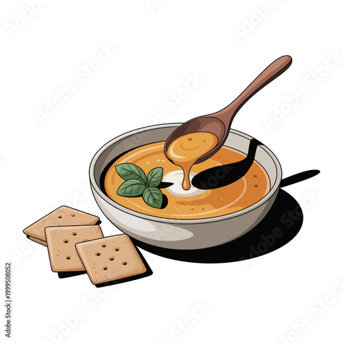 Bowl of hearty soup with dripping spoon garnished with basil served with crackers, biscuits