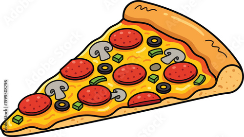 Delicious cartoon pizza slice with toppings for food illustration or menu design
