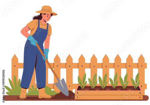 A woman gardens in a community plot, tending seedlings with a shovel. A rustic fence and vibrant plants create a charming rural scene. Ideal for lifestyle and community themes.