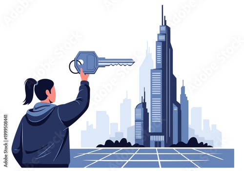 A woman holds a key, gazing at a futuristic cityscape. Modern, dynamic illustration symbolizing access and urban development. Ideal for city, technology, and future concepts.