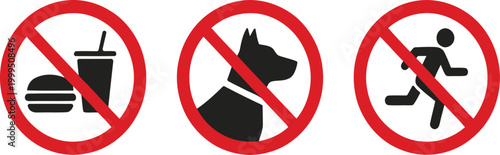 Prohibited actions signs with eating dogs and running icons for public area rules and regulations