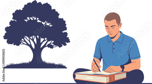A young man journals outdoors beneath a large tree, focused on his writing. A serene and mindful scene. Perfect for nature, wellness, and lifestyle content.