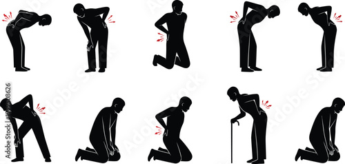 Silhouettes of people experiencing back pain and discomfort in various poses