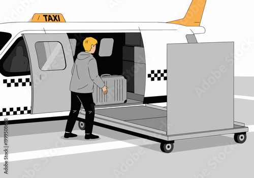 A man loads luggage onto a flying taxi. A futuristic cargo taxi with a passenger is shown transporting a large suitcase. Modern, graphic illustration.