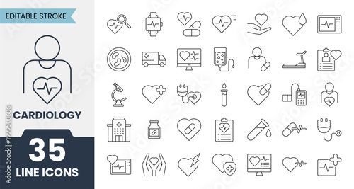 Cardiology line icons set with editable stroke. Vector illustration