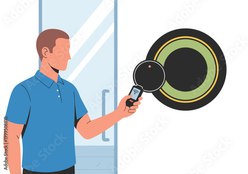 A man uses a smartphone to unlock a smart door. Modern access control, clean design, and a professional setting. Suitable for tech and security themes.