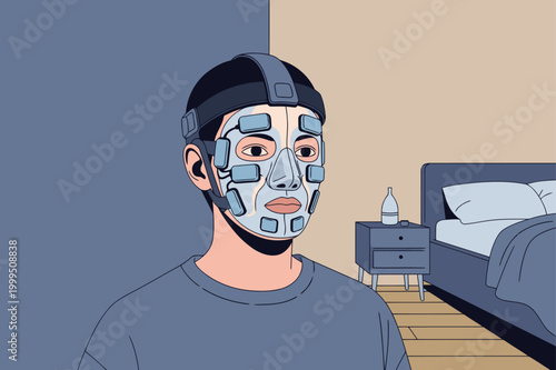 A man wears a futuristic skin sensor mask in a bedroom setting. The mask is detailed and modern, suggesting technological innovation and wellness. Soft, muted colors create a calm atmosphere.