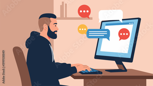 A man works on a computer, surrounded by chat bubbles representing intranet collaboration. Modern workspace, focused on digital communication and teamwork.  Clean, professional style.