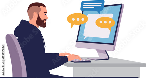 A man works remotely on a computer, engaging in intranet collaboration. Speech bubbles suggest communication. Modern office setting, focused and productive.