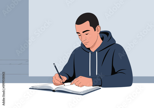 A young man writes in a gratitude journal, focused and calm. Modern, minimalist setting. Ideal for wellness and self-care concepts.