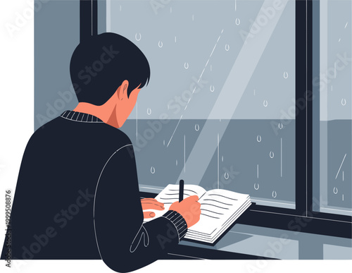 A young man writes in a journal by a rainy window, lost in thought. A moody, reflective scene with a focus on introspection and quiet moments.