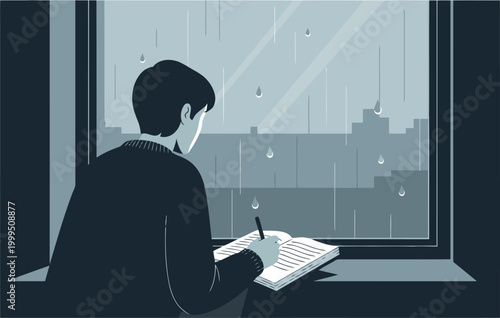 A young man writes in a journal by a rainy window, reflecting on a cityscape.  A moody, introspective scene with a focus on quiet contemplation. Suitable for emotional or reflective themes.