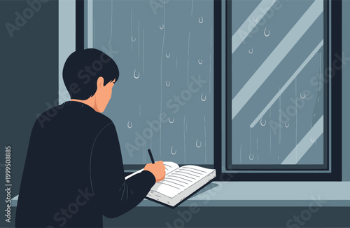 A young man writes in a journal by a rainy window, lost in thought. The muted colors and reflection create a contemplative mood. Suitable for emotional or introspective themes.