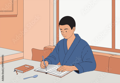 A young man writes in a journal by the window, establishing a mindful morning habit. Soft colors and a focused expression create a serene atmosphere.