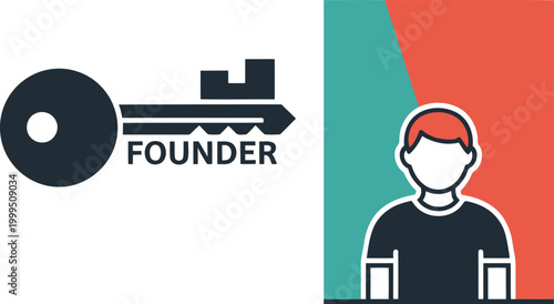 A minimalist icon featuring a key unlocking a portrait of a founder. Modern, clean design with a vibrant color gradient background. Suitable for business and startup themes.