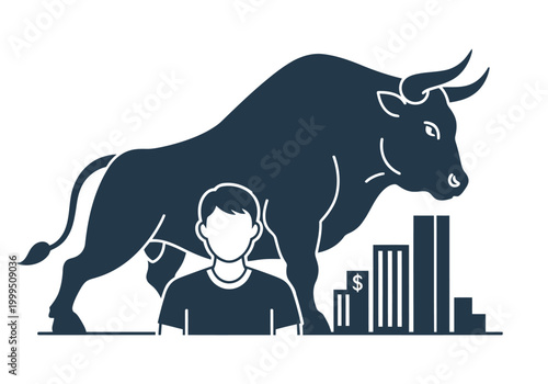 A muscular bull symbolizes stock market strength, supporting a young professional and rising financial charts. Bold, graphic style.