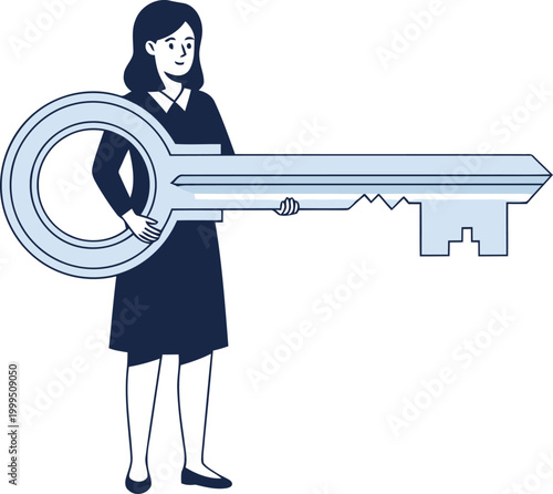 A professional woman holds a large key, symbolizing business launch and founder success. Modern illustration style, bright background.