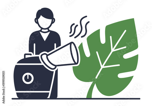 A professional woman operates a facial steamer with a leaf, emitting steam. Clean, modern design. Ideal for wellness and beauty concepts.