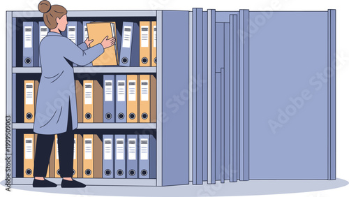 A professional woman organizes asset files in a large filing cabinet. Clean, organized, and modern illustration. Suitable for business and office themes.