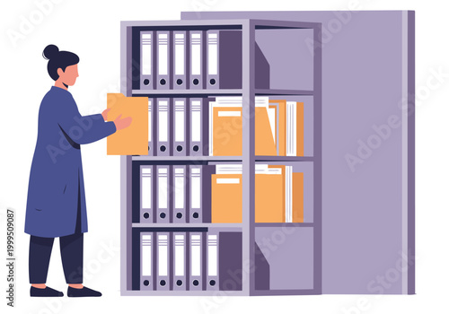 A professional woman organizes files in a filing cabinet. Clean, modern illustration showcasing efficient asset management. Suitable for business and organizational themes.