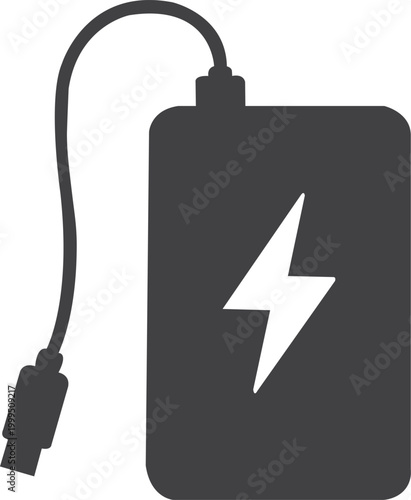 Pure black silhouette of power bank with cable and lightning symbol