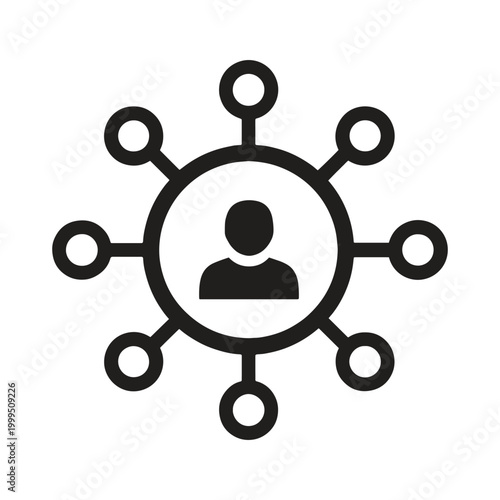 Black silhouette of a central person connected to multiple outward nodes symbolizing network
