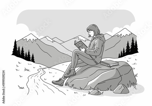 A woman relaxes outdoors, reading a journal amidst a serene mountain landscape. A peaceful scene of nature and quiet contemplation. Perfect for calm and adventure themes.